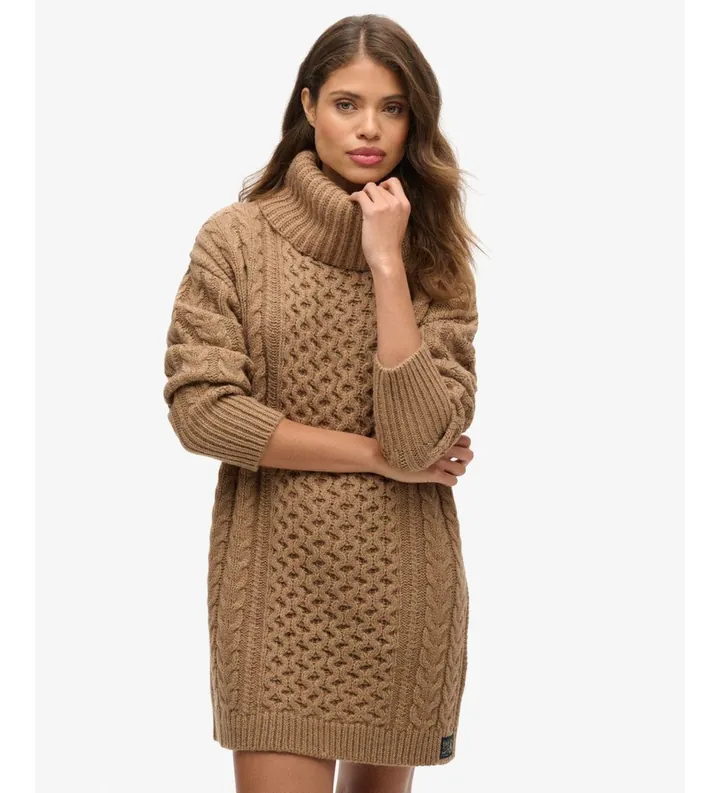 Superdry para mujer. W8011743A Vestido de punto trenzado marrón (L), Casual, Acrílico, Manga larga