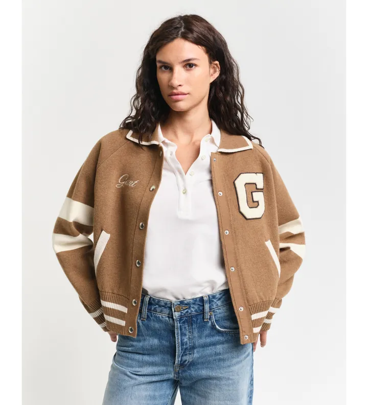 Gant para mujer. 4805301 Chaqueta Varsity de punto marrón (L), Casual, Algodón
