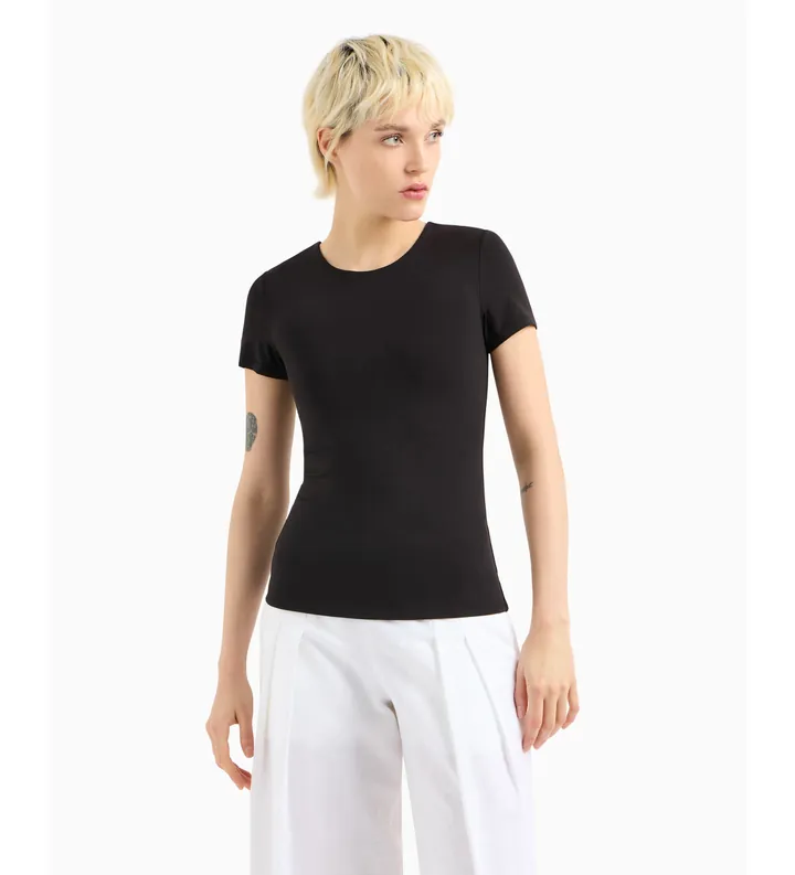 A|X Armani Exchange para mujer. XW001174AF14668UC001 Camiseta ajustada de punto elástico Essential Logo Signature negro (L), Casual, Poliami