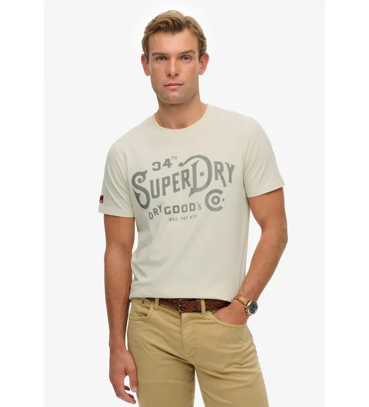 Superdry para hombre. M1012229A Camiseta Heritage Brand Relaxed blanco roto (L), Casual, Algodón, Manga corta