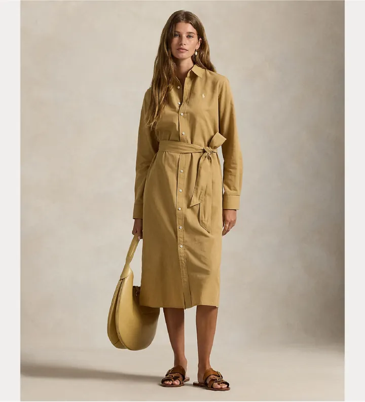 Polo Ralph Lauren para mujer. 211A96346002 Vestido camisero de algodón y lino beige (36), Casual, Manga larga