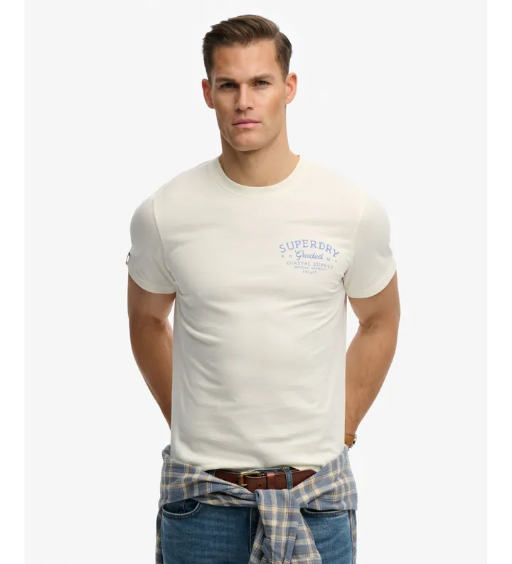 Superdry para hombre. M1012353A Camiseta Lo-fi Dockside blanco roto (L), Casual, Algodón, Manga corta