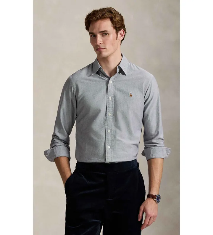Polo Ralph Lauren para hombre. 710805562017 La icónica camisa oxford gris (L), Casual, Algodón, Clásico, Manga larga