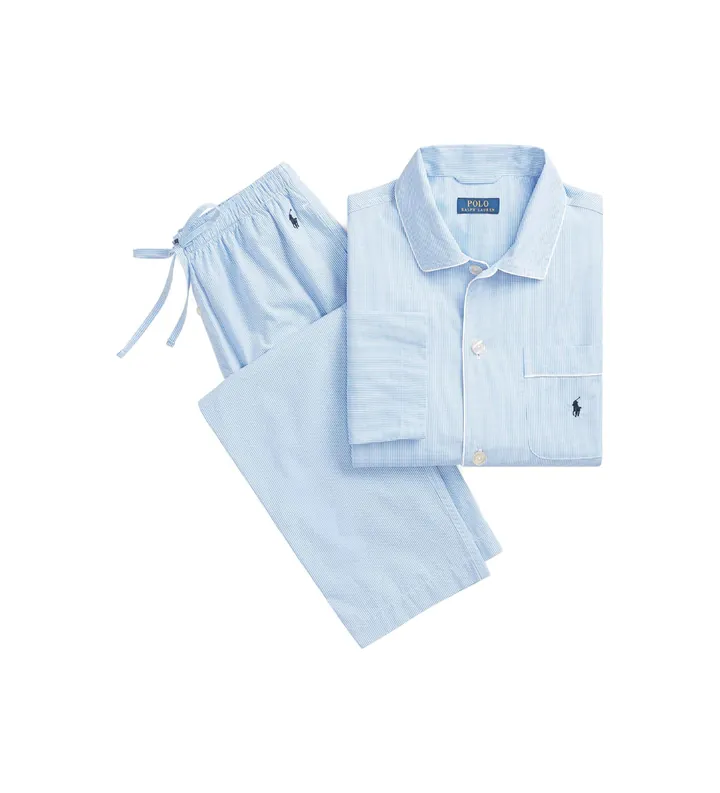 Polo Ralph Lauren para hombre. 714514095001 Pijama largo en popelina con cuadros de vichy azul (L), Homewear, Algodón, Manga larga