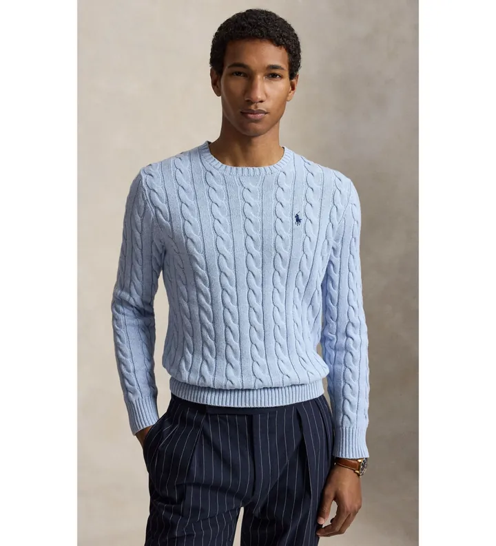 Polo Ralph Lauren para hombre. 710775885545 Jersey de algodón en punto de ochos azul claro (L), Casual, Manga larga