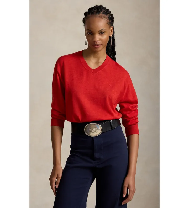 Polo Ralph Lauren para mujer. 211A96230005 Jersey de lana con cuello de pico rojo (L), Casual, Manga larga