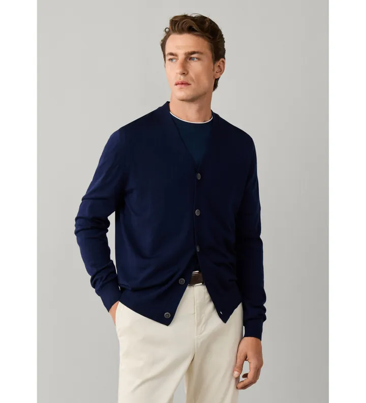 Hackett London para hombre. HM7000206 Cárdigan Ess Merino marino (L), Casual, Lana, Clásico
