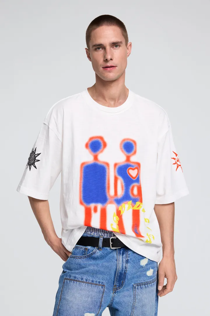 Desigual, Camiseta estampada robots, Hombre, Algodon, Blanco, L