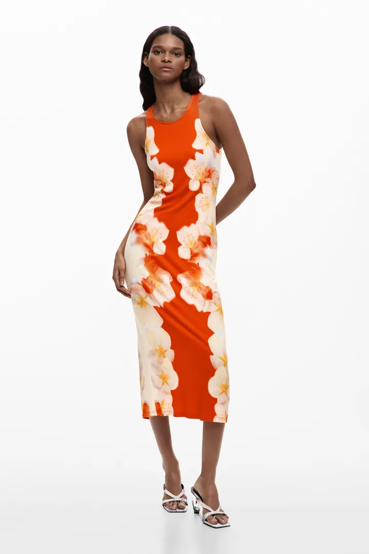 Desigual, Vestido flores laterales, Mujer, Viscosa, Naranja, L