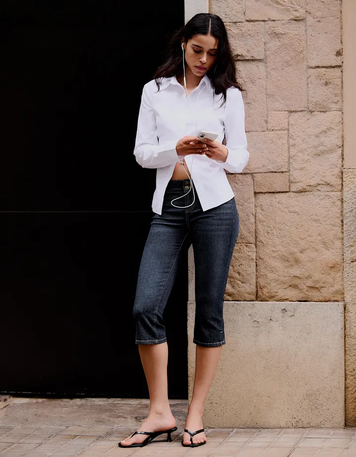 Bershka Pantalón Capri Denim Mujer 32 Azul