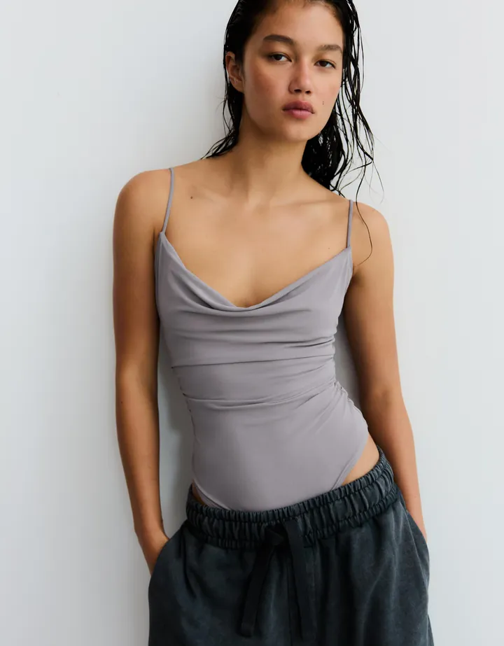 Bershka Body Tirantes Drapeado Mujer L Gris