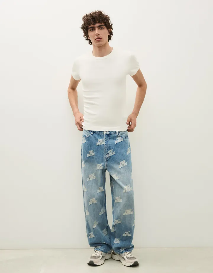 Bershka Pantalón Jacquard Hombre 34 Azul Lavado