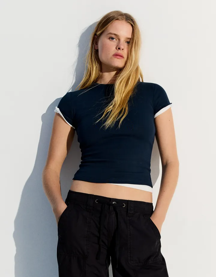 Bershka Camiseta Manga Corta Cuello Redondo Mujer 10-12 Marino