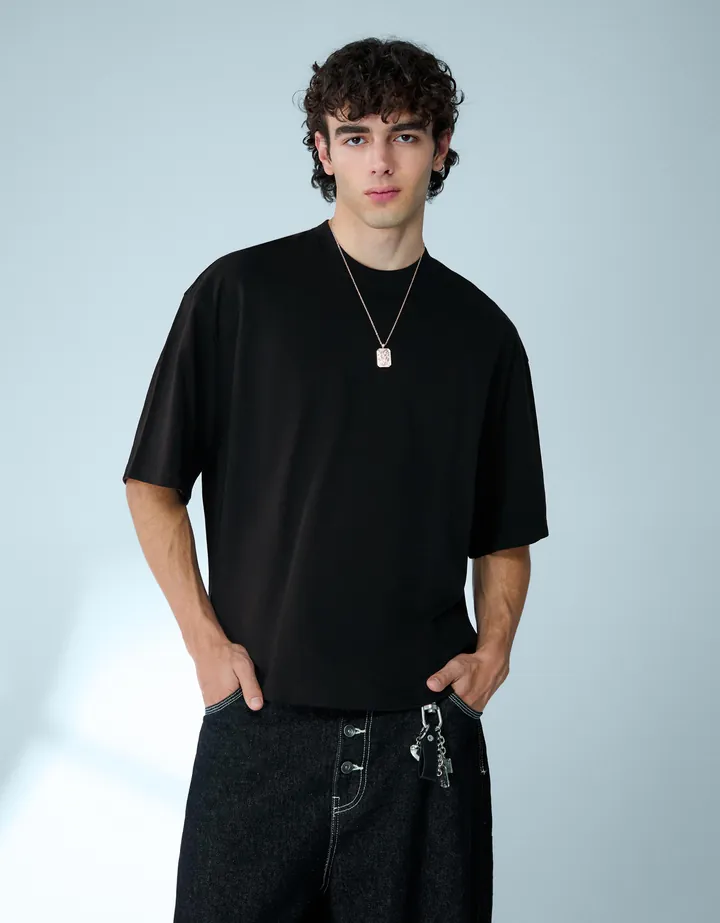 Bershka Camiseta Boxy Heavy Hombre L Negro