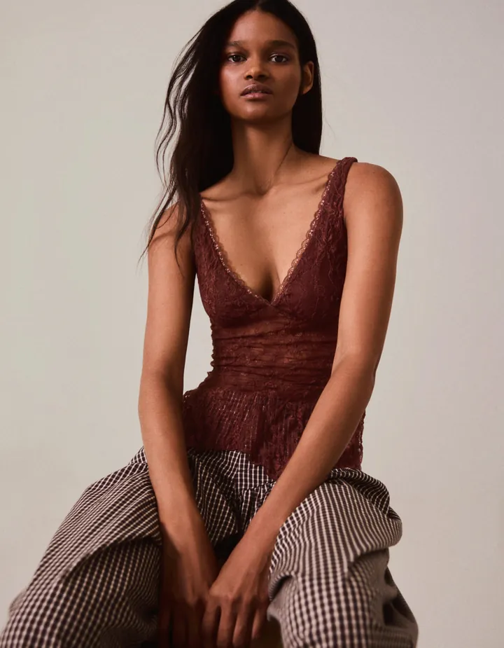 Bershka Top Tirantes Encaje Mujer L Marrón