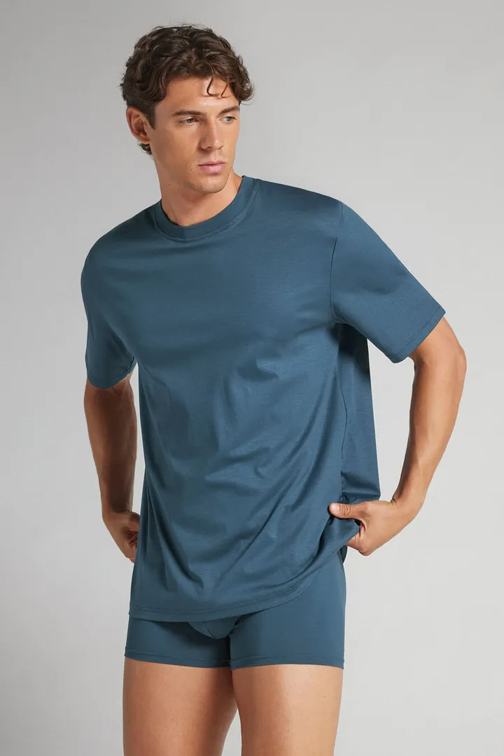 Intimissimi Camiseta de Algodón Mercerizado Superlight filo Premium Hombre Azul Claro Tamaño L