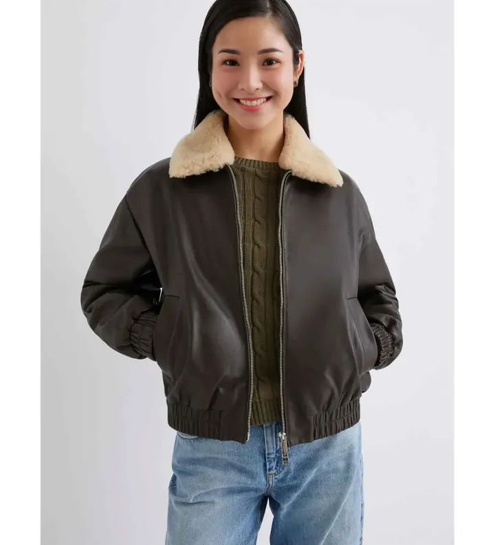 Marella para mujer. 2523446034200 Bomber de piel Scandio marrón (42), Casual