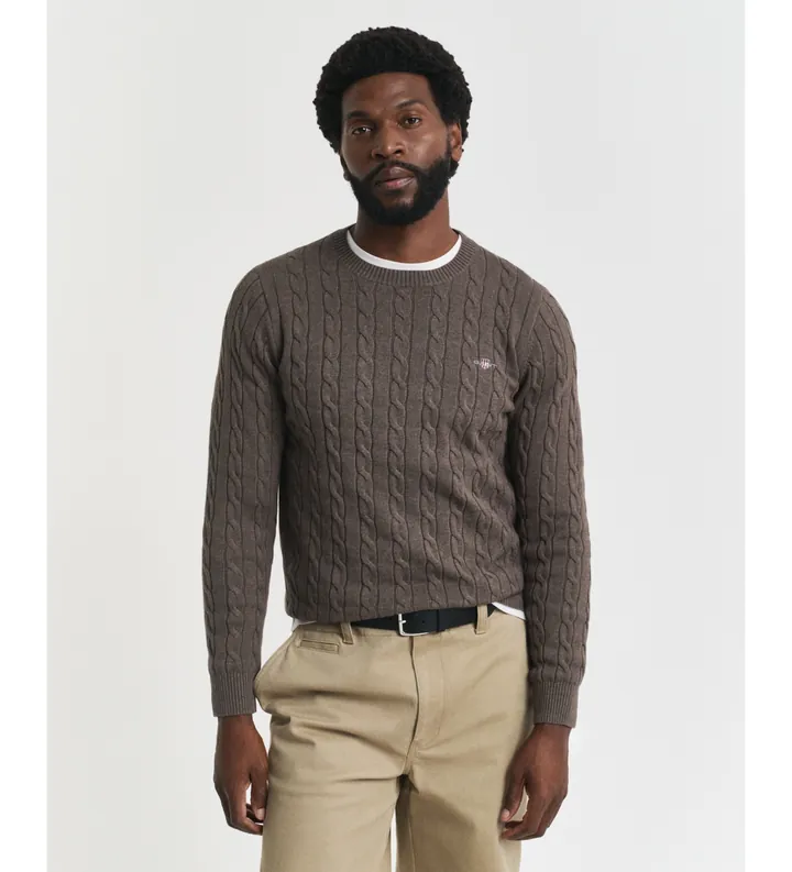 Gant para hombre. 8050601 Jersey de cuello redondo y punto de ochos en algodón marrón (L), Casual