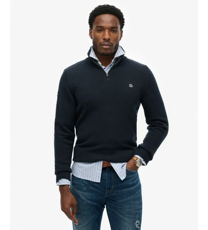 Superdry para hombre. M6110706A Jersey Media Cremallera marino (L), Casual, Algodón
