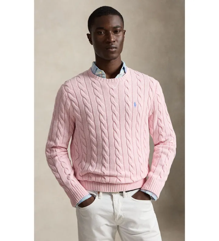 Polo Ralph Lauren para hombre. 710775885543 Jersey de algodón en punto de ochos rosa (L), Casual, Manga larga