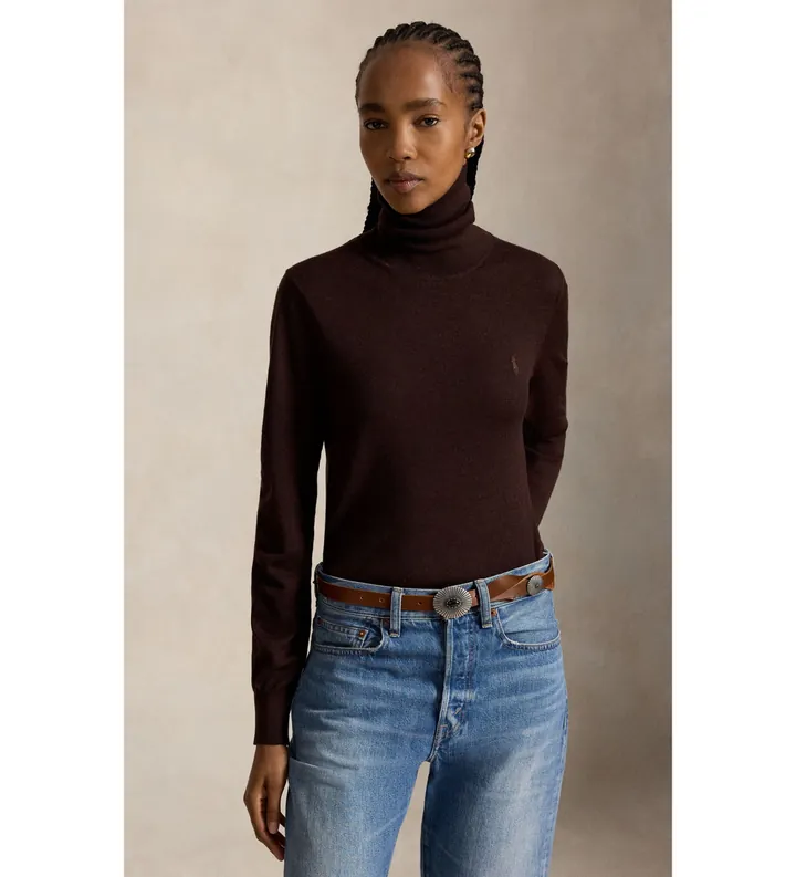 Polo Ralph Lauren para mujer. 211B17732001 Jersey de lana con cuello vuelto marrón (L), Casual, Manga larga