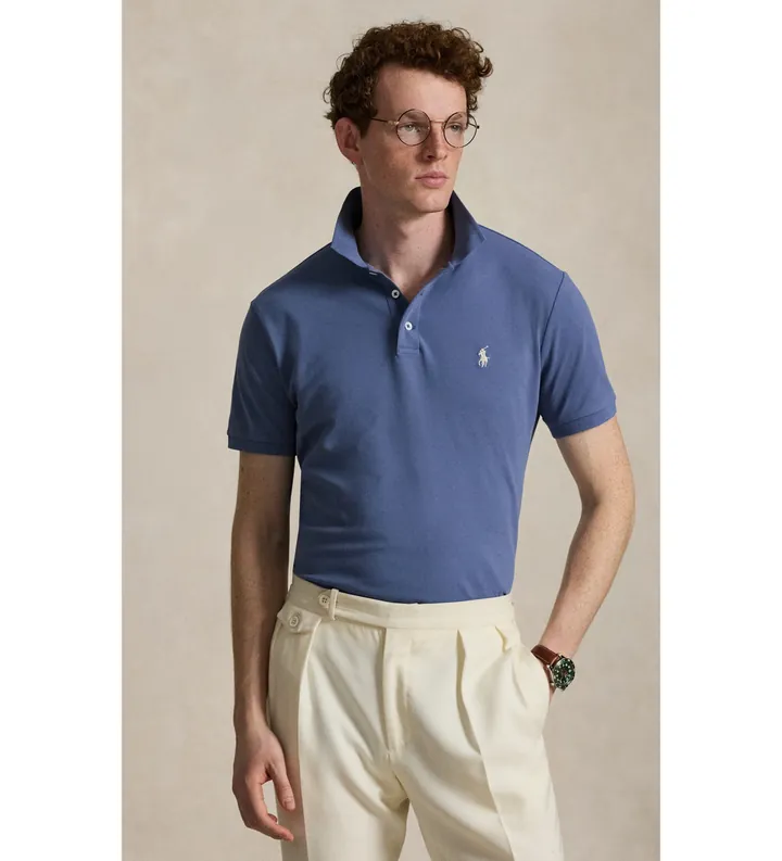 Polo Ralph Lauren para hombre. 710941439026 Polo de piqué elástico Custom Slim Fit azul (M), Casual, Algodón, Manga corta