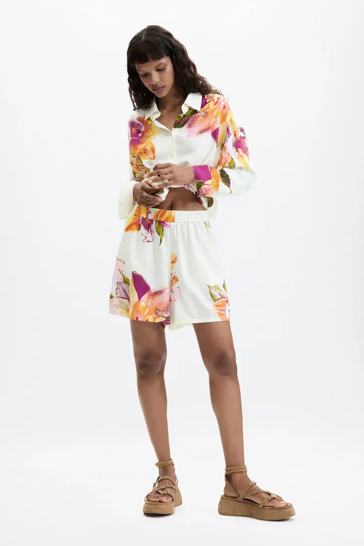 Desigual, Pantalón Corto Estampado Flores, Mujer, Blanco, L