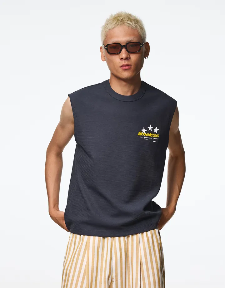 Bershka Camiseta Worker Textura Print Hombre L Marino