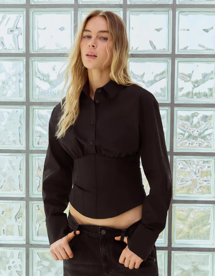 Bershka Camisa Manga Larga Efecto Corsé Mujer L Negro