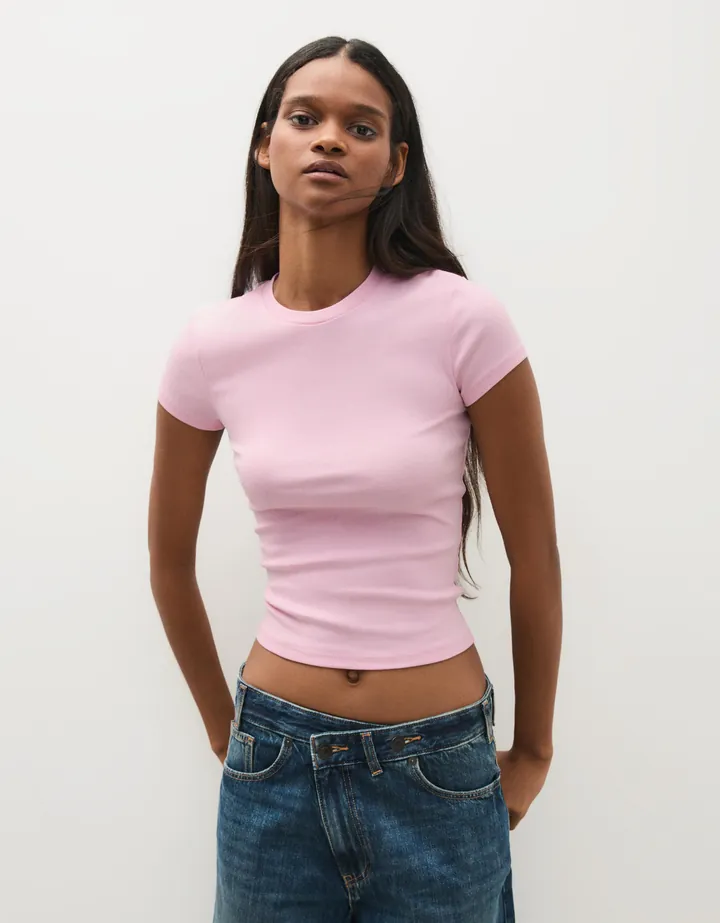 Bershka Camiseta Manga Corta Cuello Redondo Mujer L Rosa