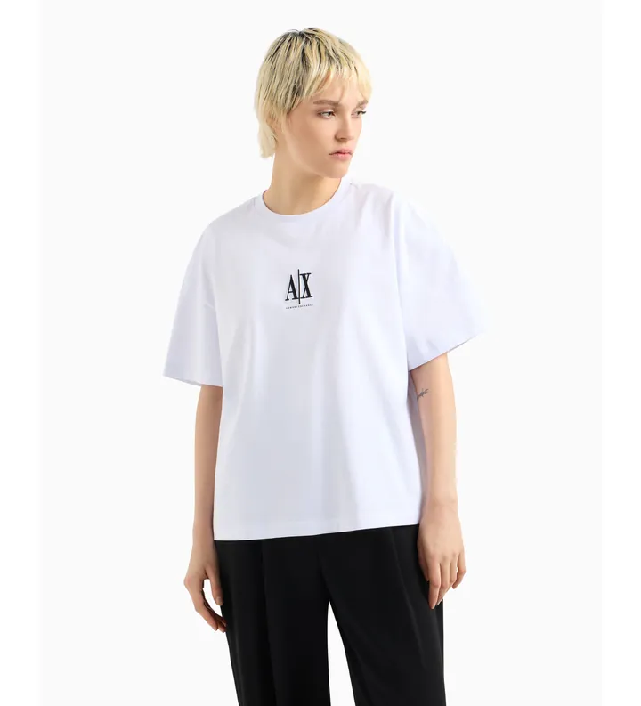 A|X Armani Exchange para mujer. XW001182AF15085U0002 Camiseta holgada de algodón de manga corta con cuello redondo con logo bordado blanco (