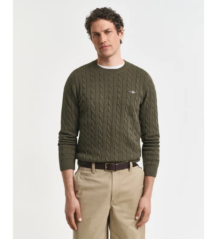 Gant para hombre. 8050601 Jersey de cuello redondo y punto de ochos en algodón verde (3XL), Casual