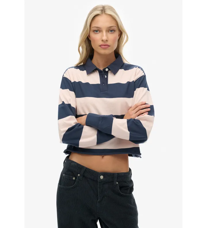 Superdry para mujer. W6012175A Polo Stripe Rugby rosa (L), Casual, Algodón, Manga larga