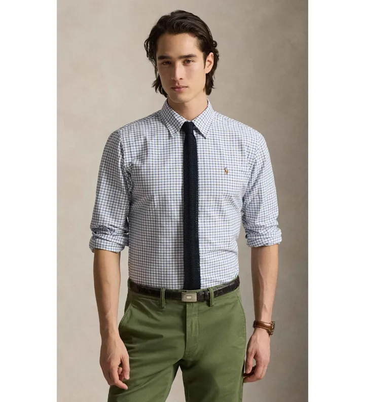 Polo Ralph Lauren para hombre. 710922273002 Camisa oxford Custom Fit de cuadros blanco (L), Casual, Algodón, Clásico, Manga larga