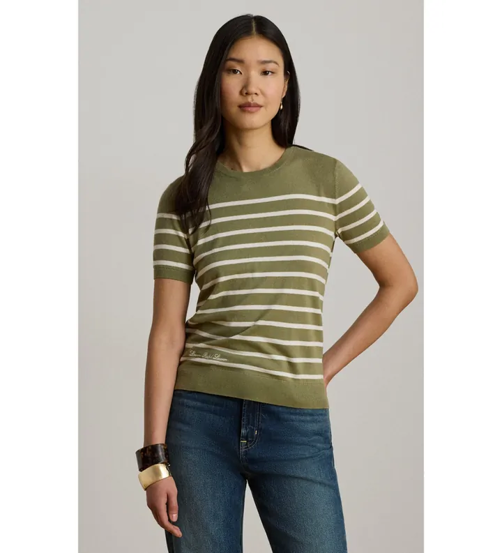 Lauren Ralph Lauren para mujer. 200P13973001 Jersey de manga corta con rayas verde (L), Casual, Algodón