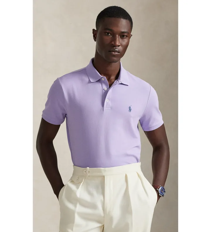 Polo Ralph Lauren para hombre. 710941439503 Polo de piqué elástico Custom Slim Fit lila (L), Casual, Algodón, Manga corta