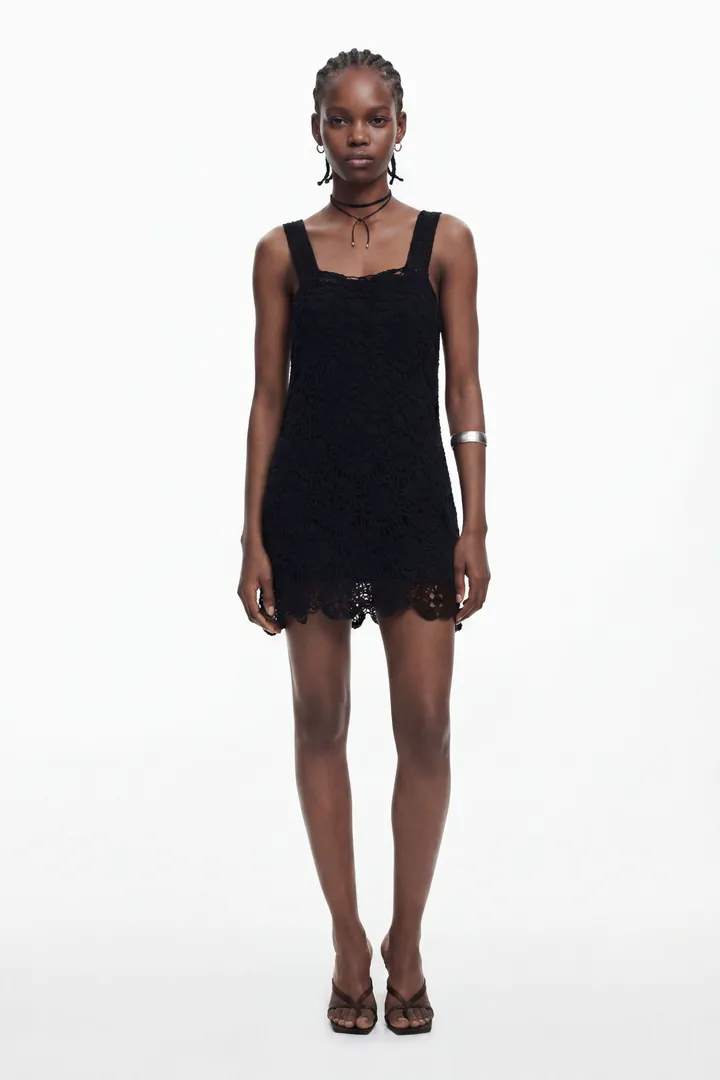 Desigual, Vestido mini crochet, Algodon, Negro, L