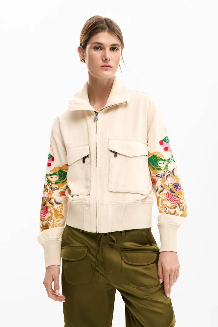 Desigual, Chaqueta patch flores, Mujer, Viscosa, Blanco, L