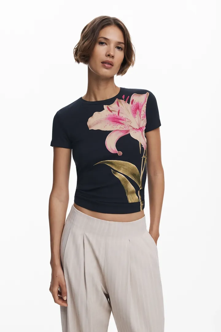 Desigual, Camiseta manga corta orquídea, Viscosa, Negro, L
