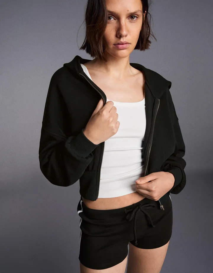 Bershka Sudadera Capucha Cremallera Fajín Mujer L Negro
