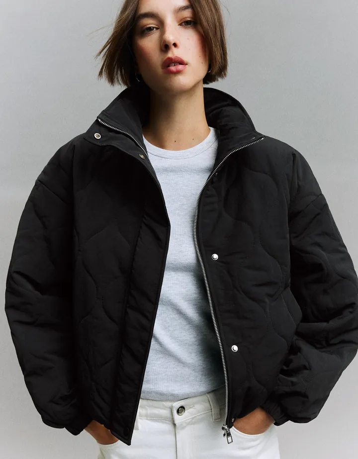 Bershka Cazadora Acolchada Mujer M-L Negro