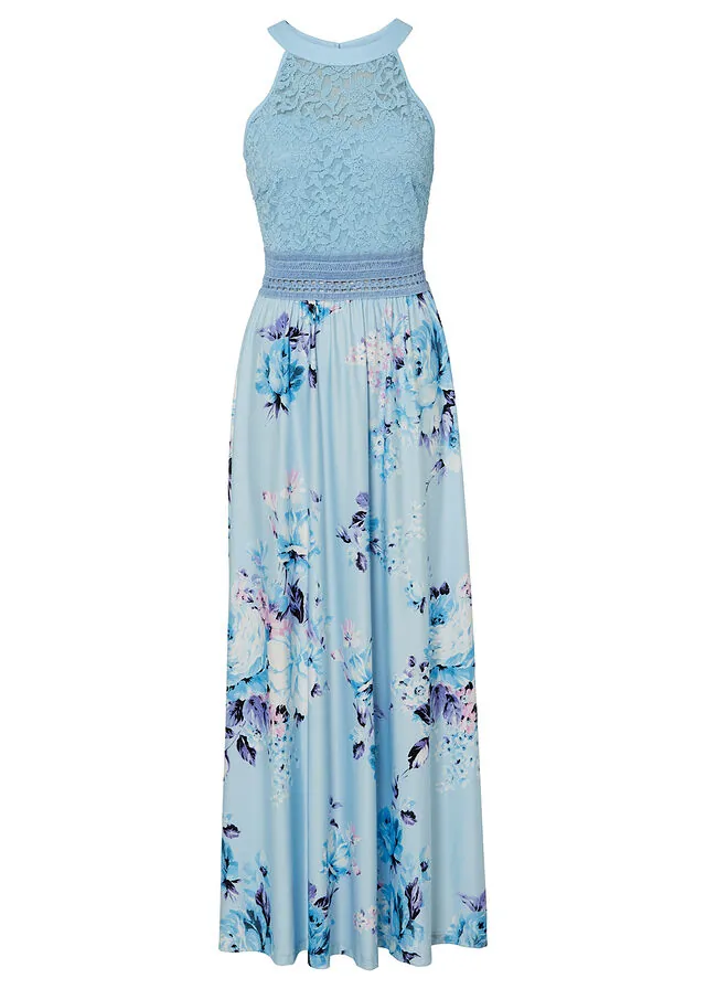 Vestido largo con estampado floral y encaje