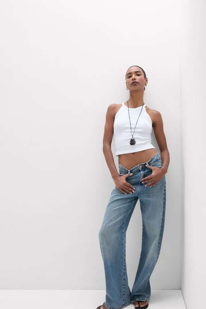 Intimissimi Crop top de Canalé de Algodón Superior Mujer Azul Claro Tamaño L