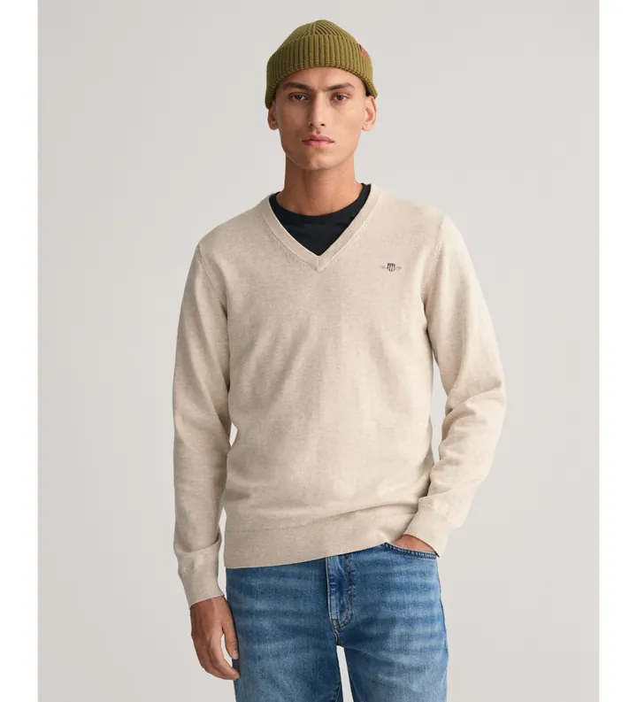 Gant para hombre. 8030562 Jersey de cuello de pico y algodón clásico beige (S), Casual, Manga larga