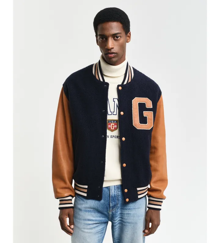 Gant para hombre. 7006439 Chaqueta Varsity de mezcla de piel y lana marino (L), Casual