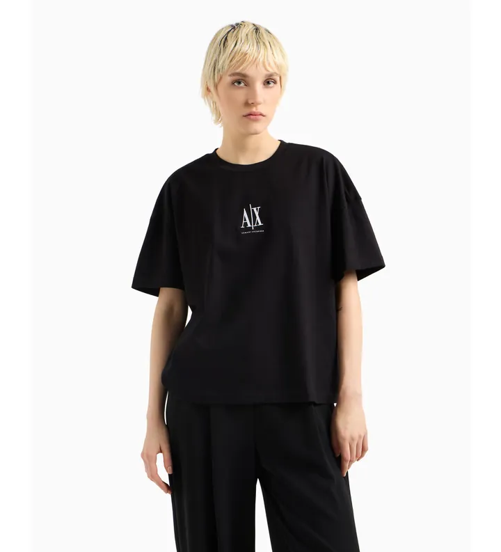 A|X Armani Exchange para mujer. XW001182AF15085UC001 Camiseta de manga corta logo negro (L), Casual, Algodón