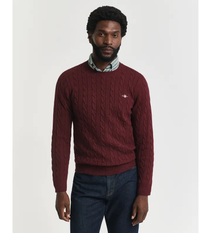 Gant para hombre. 8050601 Jersey de cuello redondo y punto de ochos en algodón burdeos (3XL), Casual, Granate