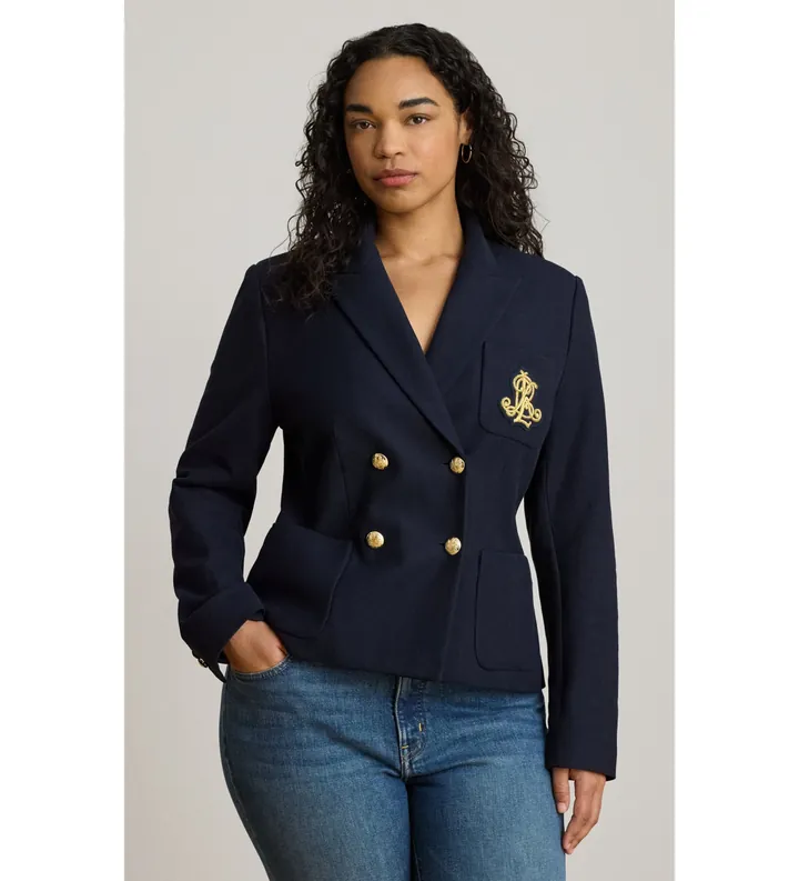 Lauren Ralph Lauren para mujer. 200P14021002 Blazer de piqué con doble botonadura marino (34), Casual, Algodón, Clásico, Manga larga