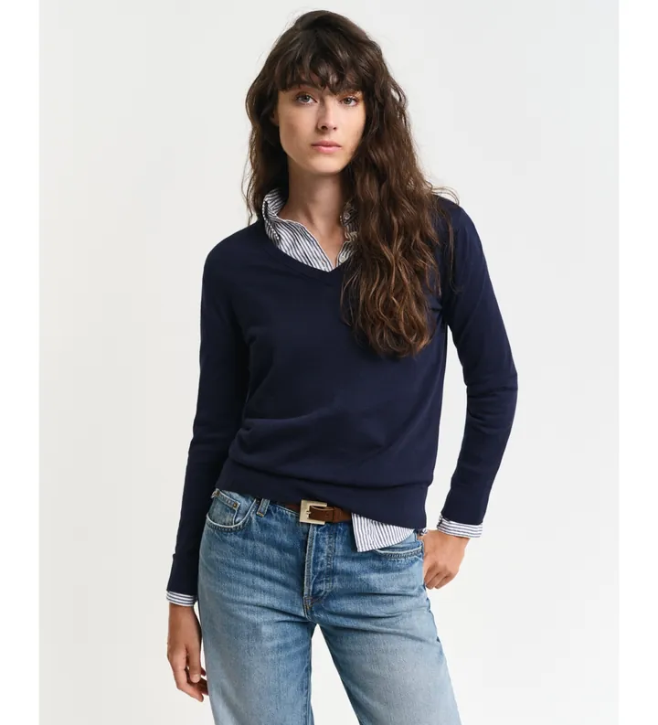 Gant para mujer. 4800400 Jersey de cuello de pico en punto fino marino (S), Casual, Algodón Orgánico, Sostenible