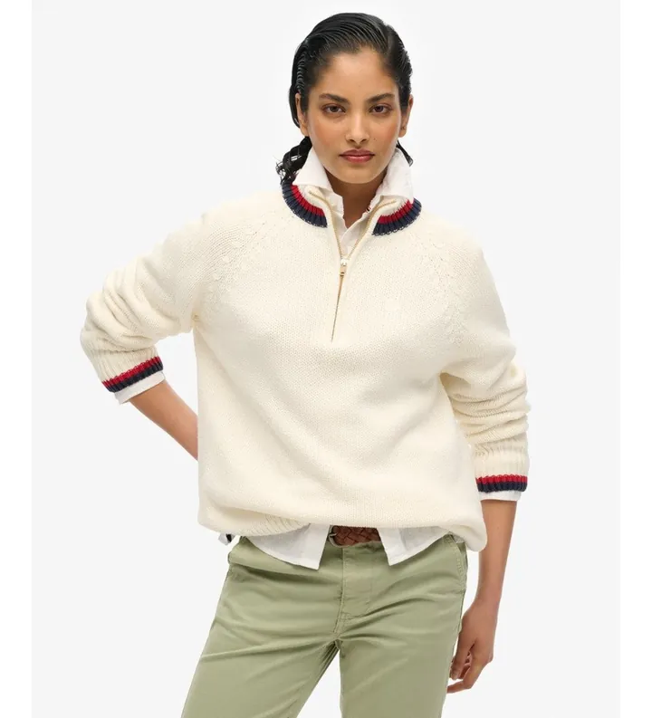 Superdry para mujer. W6110669A Jersey con media cremallera Tipped beige (M), Casual, Manga larga